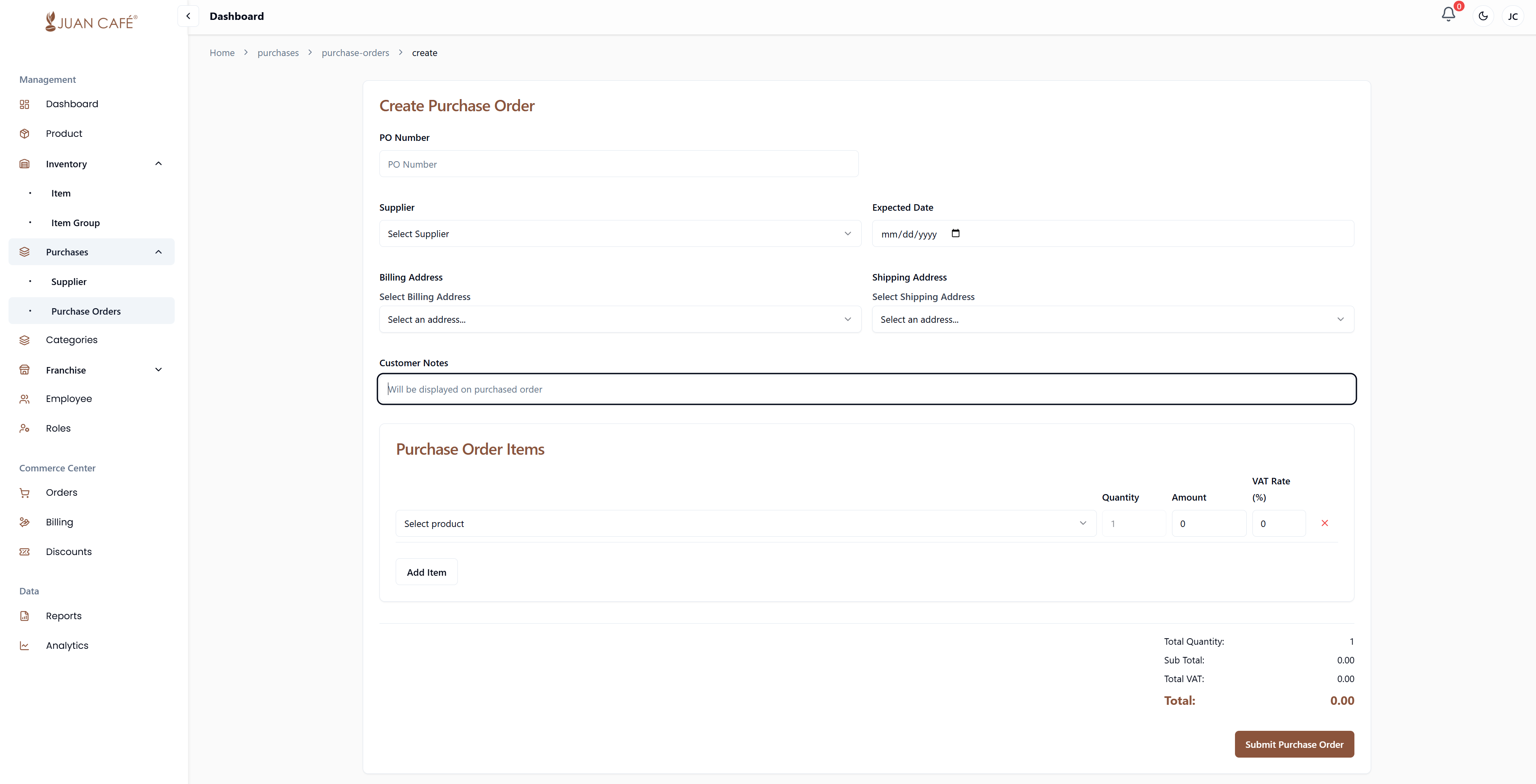 Purchase Order Menu Screenshot